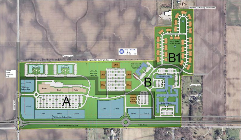 The Towne West Development is 120 acres of retail (A) and high-density residential (B). The area will also include cottages homes (B1). (Submitted design)