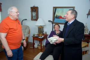 Westfield City Council President Jim Ake delivers two meals to John and Patricia Morgan on March 20. (Photos by Robert Herrington)