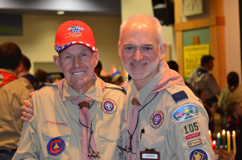 52-year Wait Ends. Local Hero Earns Scouting’s Highest Training Honor –  Zionsville resident and WWII veteran Floyd Schultz (left) was bestowed Scouting’s highest honor for leader training, the Wood Badge. Schultz earned the award in 1961, but never received it. Cubmaster Tom Sugar (right), secured the long-awaited honor for Schultz and both men received their Wood Badge achievement at a special Cub Scout Pack 105 ceremony with more than 200 attendees. To earn his award, Schultz was required to survive for seven days in a deep forest with only a knife, flint for starting fires, a compass and clothing. No tent or food was provided. “It was a special honor for the Scouts, leaders and parents of Pack 105 to witness this significant event,” Sugar said. “Floyd Schultz has devoted his life to the service of others as a veteran, firefighter, and Scoutmaster - without question he is a local hero.” (submitted photo)