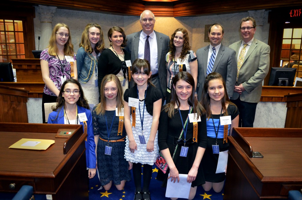 Beth Anne Betzold, Abby Delph, Emma Delph, Gabby Emberton, Madalyn Gagen, Shae Rickel, Charlotte Russell, Charlotte Seidensticker and Abigail Thornburg all joined State Sen. Delph at the Statehouse for a day last week. (Submitted photo)