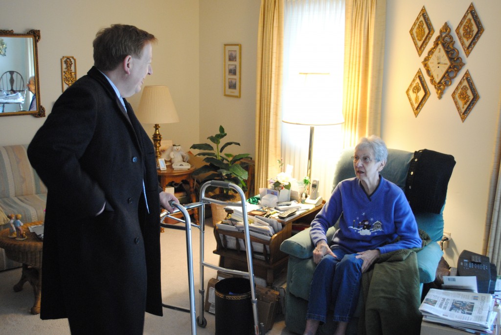 Mary Ann Wilson has lived in Carmel for nine years. Mayor Jim Brainard and Wilson discussed their family backgrounds in Goshen. (Photo by Christian Sorrell)