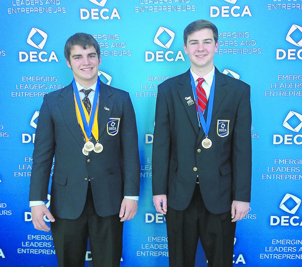 Two Guerin Catholic High School students were Top 10 Gold Medal International DECA award winners: Nick Gallina, left, in Human Resource Management and Kyle Lyons in Stock Market Game. (Photo provided) 