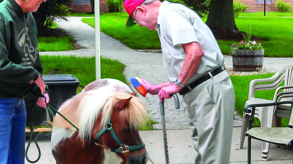 Dick Taylor, Carmel ManorCare resident, interacts with a mini-horse during a visit on June 3. (Submitted photo)