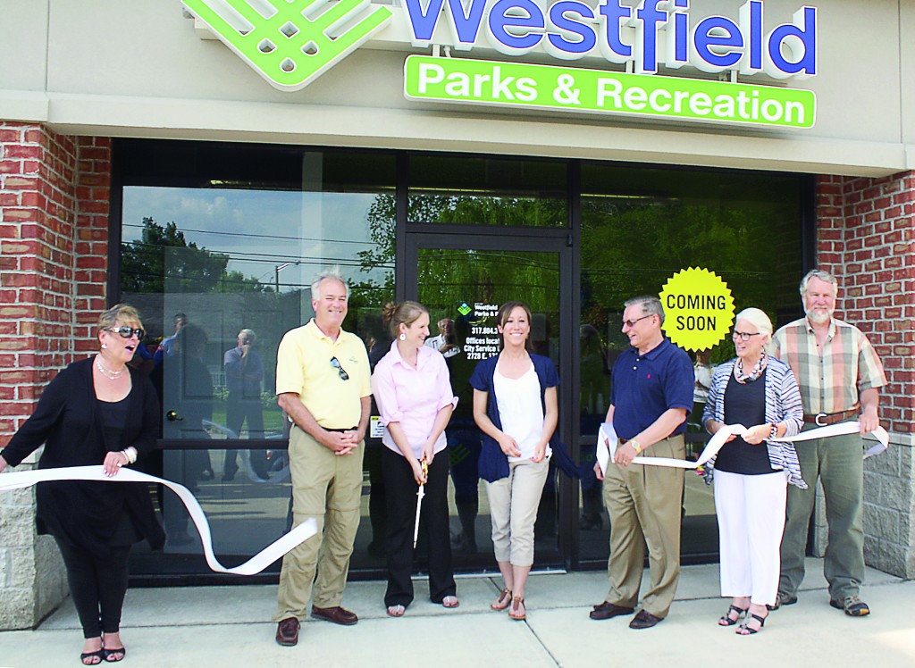 From left: Westfield Chamber of Commerce President Julie Sole, Mayor Andy Cook, Recreation Program Coordinator Stephanie Baumann, Administrative Assistant Brittany Goger, City Council President Jim Ake, Parks and Recreation Director Melody Jones and City Council Member Rob Stokes. (Photo by Anna Skinner)