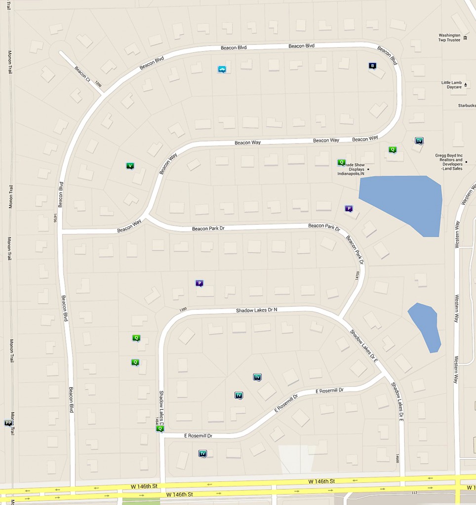 Icons indicate where residents reported burglaries, thefts or vehicle thefts overnight on July 9. Beacon Pointe subdivision includes Beacon Boulevard, Beacon Way and Beacon Park Drive and connects with Shadow Lakes subdivision of Shadow Lakes and Rosemill drives. (www.crimereports.com)