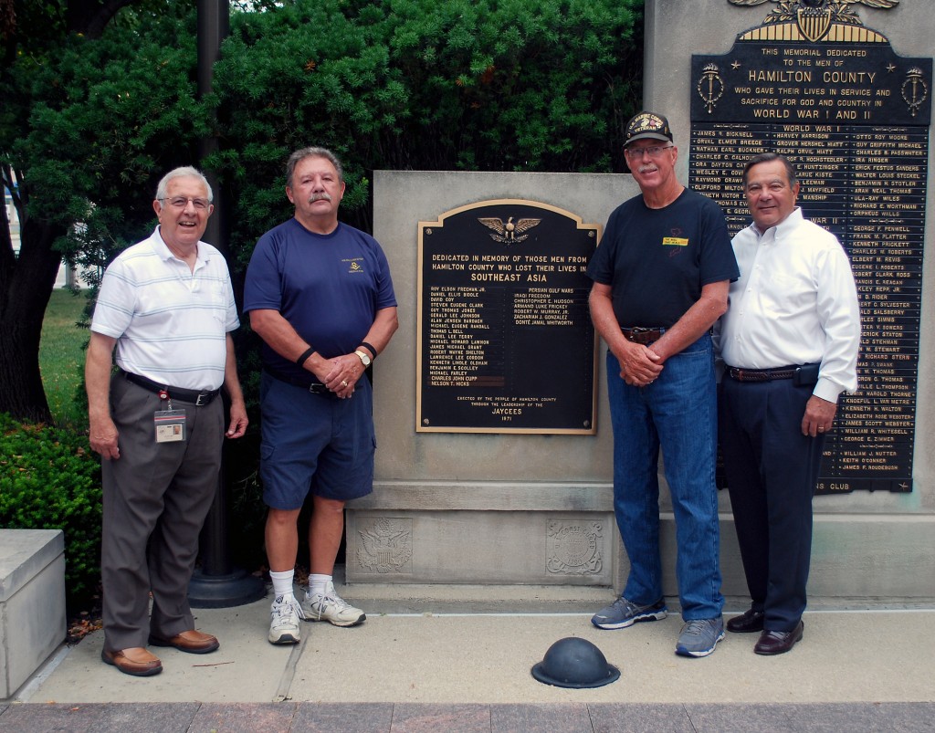 From left: Wayne Long, Ron Wilson, Chuck Lewis and Mayor John Ditslear, all veterans, stand at the Hamilton County Vietnam War Memorial in Noblesville before Lewis continued his journey to Washington, D.C., on Aug. 7. (Photos by Robert Herrington)