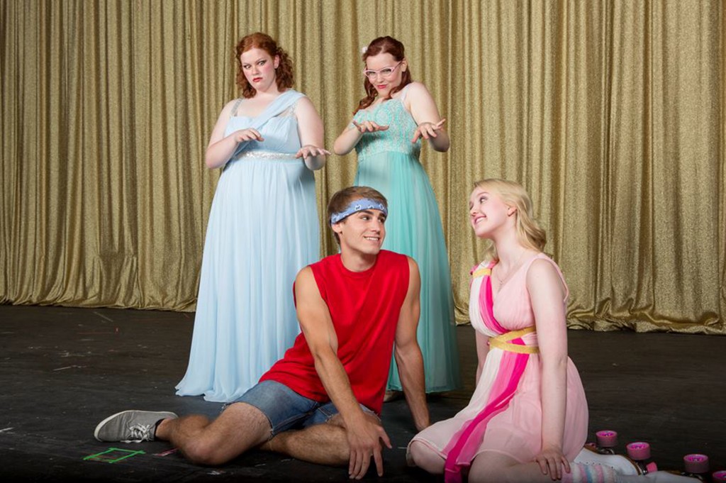 From left: Jealous Muses Melpomene (Anna Christianson) and Calliope (Ivy Bott) use their magic to make Sonny (Ike Wellhausen) and their sister, Kira (Grace Ruddell), fall in love in the musical comedy XANADU. (Photos by Zach Rosing)