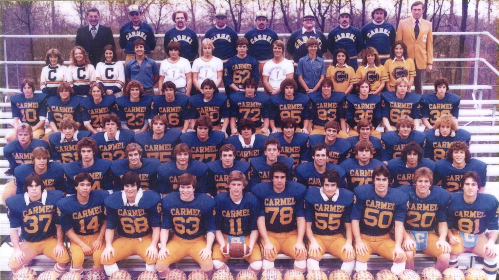 The members of the 1978 Carmel High School football team, cheerleaders and coaches are, first row from left, John Hare, Mike Woodward, Kevin Mullen, Jeff Graves, David Broecker, Rich Huber, Greg Reynolds, Tim Bejin, Rich Sharp and Joe Bejin; second row from left, David Delagrange, Jim Eaton, Tim Hodges, Rick Williams, Todd King, Bob Martin, Mark Myers, Mike Hartman, Dane Fellmeth and Dean Aurelius; third row from left, Mark Stroinski, Chris Cook, Nick Kunesh, Kevin Vogt, David Blanton, David Delello, Courtney Scott, John Ohmer, Tim Padgett, Steve Olson and Rob Hamman; fourth row from left, Jay Linville, Mike Goens, Jeff Merchant, Kevin Eagle, Eric Jungnickel, Perry Jasin, Bill Frey, Mark Mann, Rick Ardaiolo, Mike Kaster and Brian Hughes; fifth row from left, Mary Wiley, Kelly Autry, Tracy Hinshaw, Ron Baldridge, Charles Shank, Rick Aichelle, Jeff Smith, David Hamm, Tim Paramore, Shirley Gilliam, Tracy Spille and Denise Deckard; and sixth row from left, Dale Graham, John Pesavento, Keith Fiedler, Craig Hauss, Dick Dullaghan, Dave Van Horn, Kevin Roth, Gregg Gossard and Bill Shepherd.