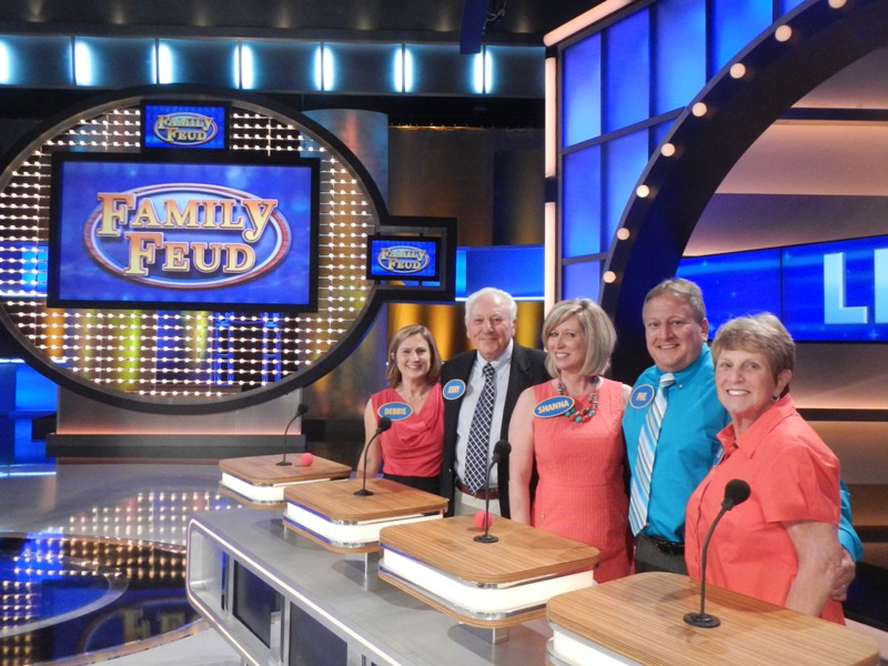 From left Debbie Levine Snyder, Jerry Levine, Shanna Levine, Phil Levine and Judy Levine lined up and ready to answer questions during a taping of “Family Feud.” (Submitted photo)