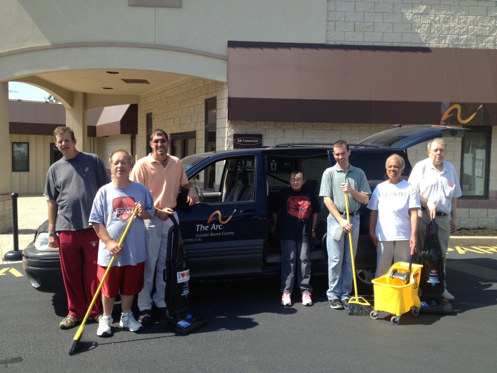 The work crew for The Cleaning Company, one of the Arc of Greater Boone County’s work and training programs, ready to set off to clean local businesses. They are hoping to win a new Toyota Sienna Mobility van through 100 Cars for Good.