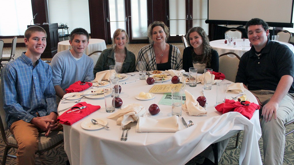 Westfield High School Principal Stacy McGuire and her students attend the annual State of the Schools Address on Sept. 19. From left: Derek Shireman, Nathan Fauntleroy, Alleah Thompson, Amy Bennett and Brian Henn are all on the high school student board and are taking an AP Spanish course in addition to other AP courses. (Photo by Katy Frantz)