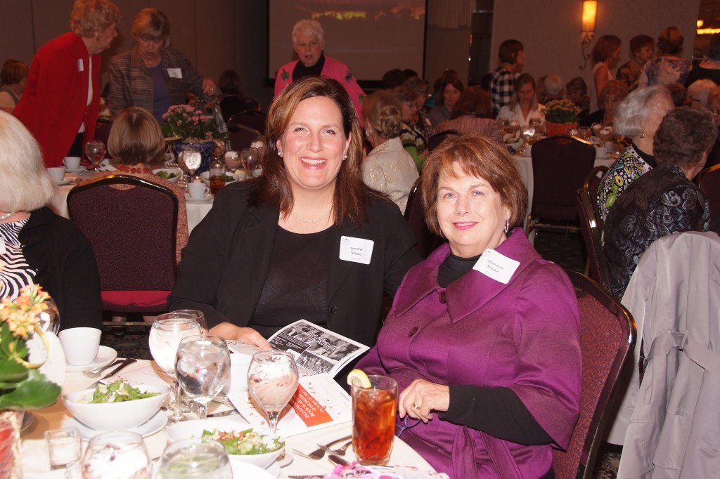 From left, Jennifer Meece and Marianne Brocke enjoyed the food and celebrities at a previous Guilded Leaf Book and Author Luncheon. (Submitted photo)