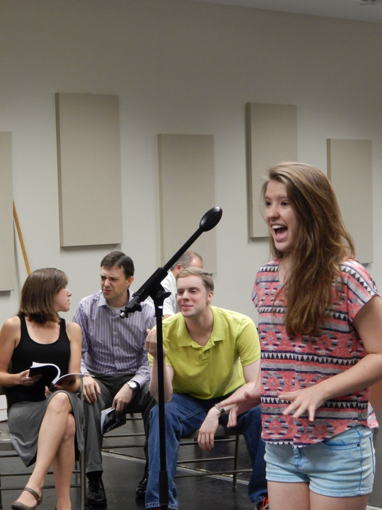 17-year-old Emma Alyce Weber, right, in her Civic mainstage debut, sings “Hey Daddy” as, from left, Leah DeWalt, John O’Brien and Gus McKinney look on. (Photo by Karen Kennedy)