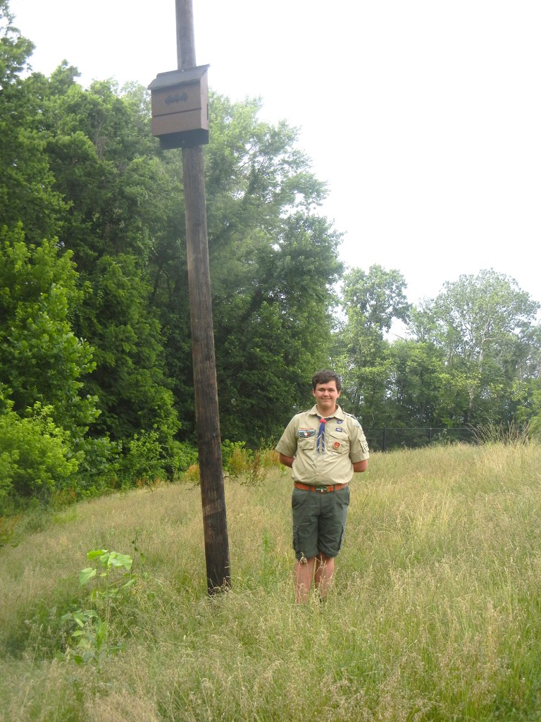 The bat house went up along the river behind the junior high school for 14-year-old Jared Westerfield’s Eagle Scout project. “It was a good location because the bleachers and fields are back there, and the cross country runners won’t have to spray themselves as much when they are running,” Laura Westerfield, Jared’s mother, explained. 