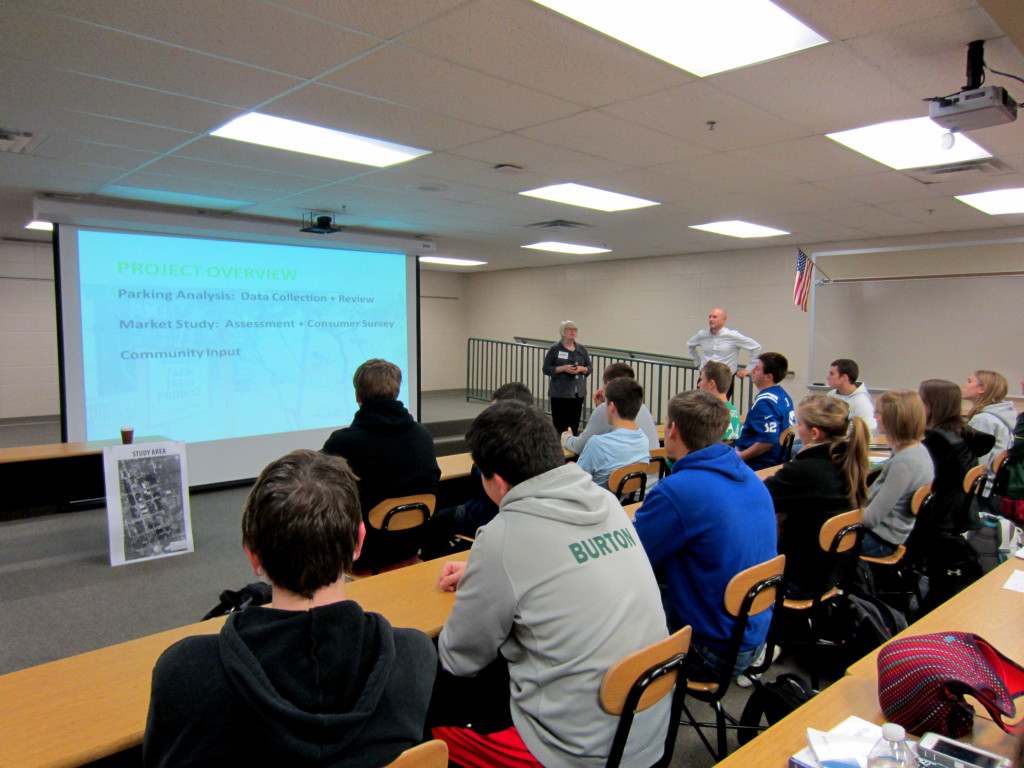:  In addition to the town meeting held on Nov. 13, consultants Diane Williams and Peter Lemon visited Mrs. Grabianowski’s AP Economics class to survey the students about what kinds of stores they would like to see in downtown Zionsville.  The students participated in a group discussion and gave ideas such as a pet boutique, an electronics store, and entertainment venues. 