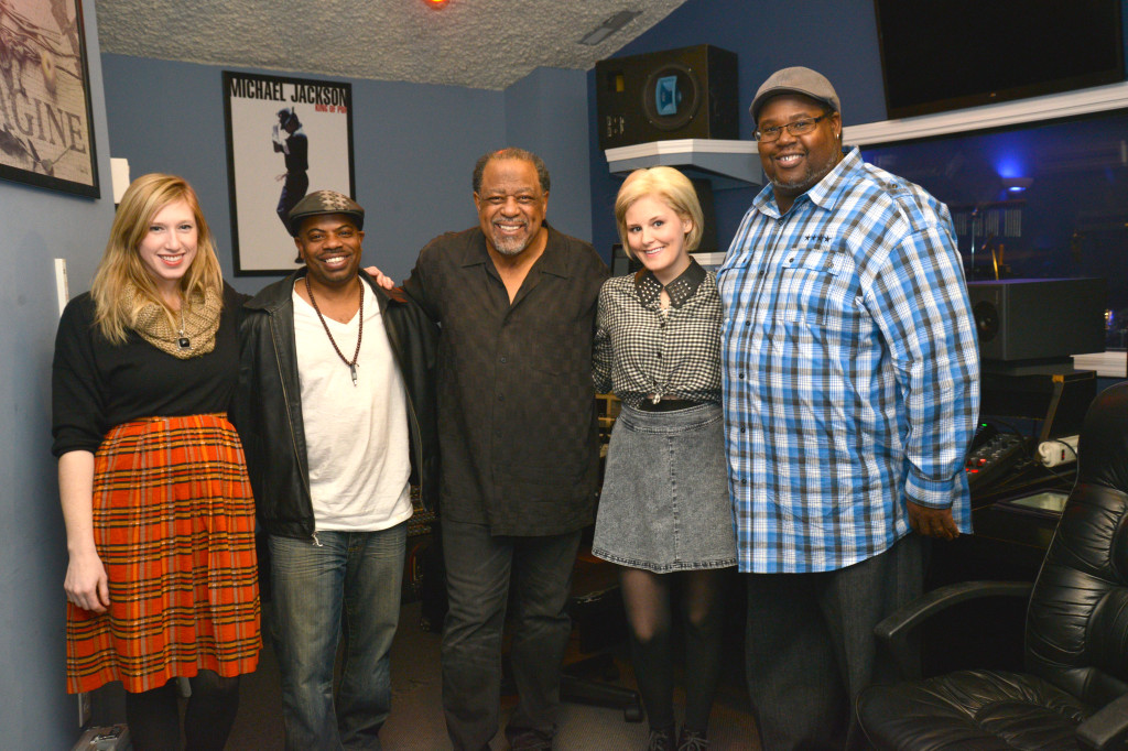 From left: Sara Baldwin, owner of Lux & Ivy, David Edge Posey, recording engineer, Rodney Stepp, Chief Creative Officer of the production company, Kendall Phillips and Leonard Hiser, percussionist, pose in the studio before recording Christmas song Kendall is giving to her fans for a free download on Dec. 18, 2013. (Photos by Dawn Pearson)