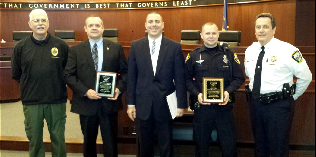 From left: Noblesville Police Chief Kevin Jowitt, Noblesville Det. Michael Haskett, Hamilton County Prosecuting Attorney D. Lee Buckingham, II; Carmel Patrolman Chad Amos and Carmel Police Timothy Green. (Submitted photo) 