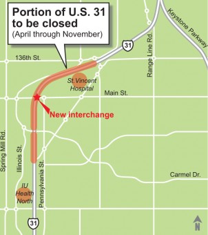 Carmel Drive remains open and allows people to cross U.S> 31. And the intersection of U.S. 31 with Old Meridian/136th St. also remains open. And detour routes along Illinois Street to the west and Pennsylvania Street to the east make avoiding the construction zone and traffic fairly painless.