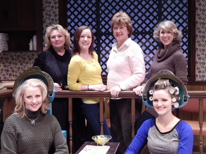 The cast takes a break from rehearsal. From left, Kathryn “Kat” Paton as M’Lynn, Pamela Kingsley as Clairee, Casey Votaw as Annelle, June McCarty Clair as Ouiser, Jean Childers Arnold as Truvy and Emily Lantz as Shelby (Submitted photo)