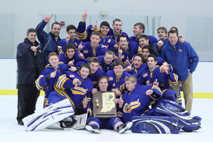 The Carmel Ice Hounds Blue Team, from left, row 1, Joe Stebbins, Will Patton and Bo Jendrusina; row 2,  Jack Donnelly, Spencer Lyon, Alex Meyer and Liam Gentile; row 3,  Jacob Garcia, Mikel Frausto, Andrew Lapel, Danny Popowics and Max Maharaj; row 4, Coach Steve Coyne, Coach Dan Desmond, Jack O'Hara, Alec Imaizumi, Luke Gentile, Coach Tyler Douthitt and Coach Keith Moe; and row 5: Justin Carlton, Michael Hohn and Trent Franklin.