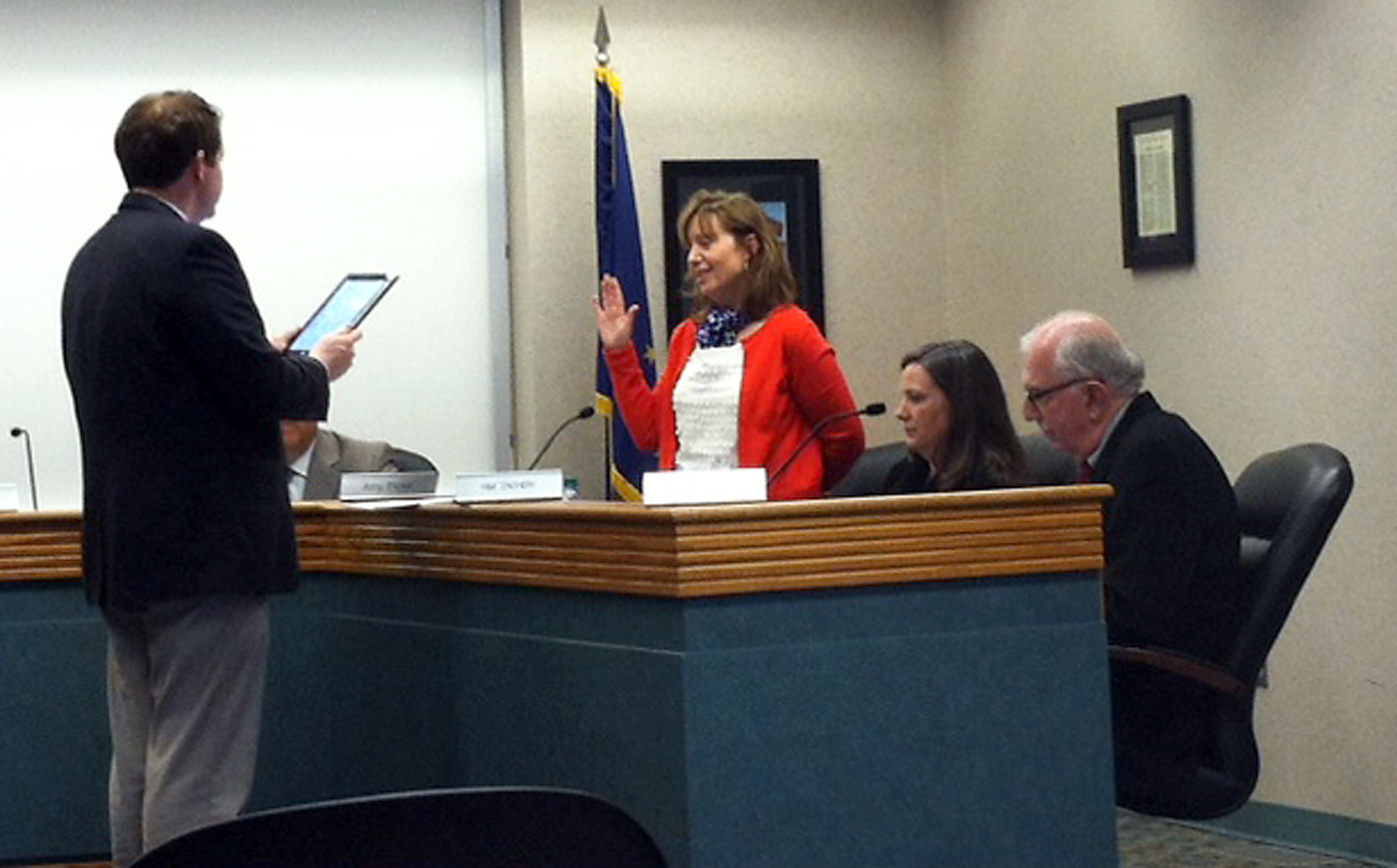 Amy Pictor takes the oath of office during the Westfield Washington School Board meeting on March 11. (Photo by Lauren Olsen)