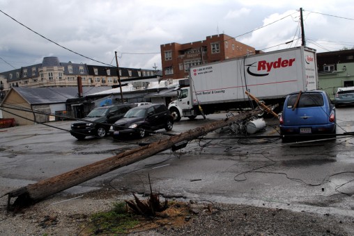 A rental truck that was delivering plants to a store on Range Line Road struck some low-hanging electrical wires causing an outage to the 100 block of West Main Street. (Staff photo)