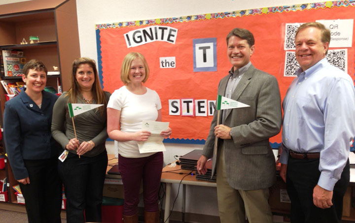 Boone Meadow STEM/Literacy Coach Rebekah Clay Graham (center) stands with Grant Committee member Theresa Meyer, Boone Meadow Principal Kris Cavolick, ZEF Board Treasurer Gary Coval, and ZEF Board President Bob Spoonmore. More than $29,000 was given in teacher grants this spring.