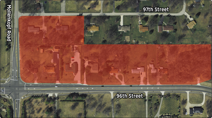 Area in red is subject of rezoning request.