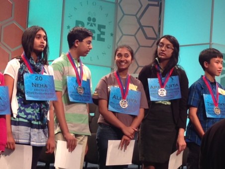 Carmel Middle School eighth-grader Alekhya Ankaraju, center, advanced to the semifinal round of the National Spelling Bee. (Submitted photo)