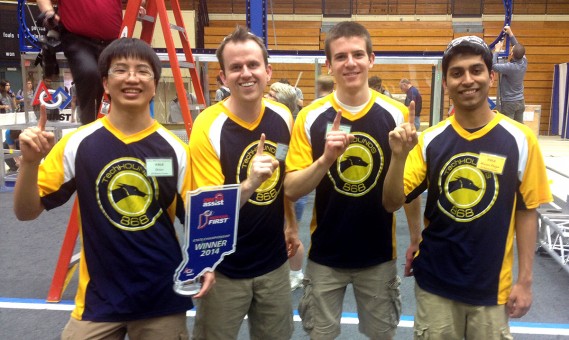 TechHOUNDS from left, Josh Chang, coach George Giltner, Evan Chivington and Aryaman Gupta contributed to the Carmel High School robotics team’s second consecutive state title. (Submitted photo)