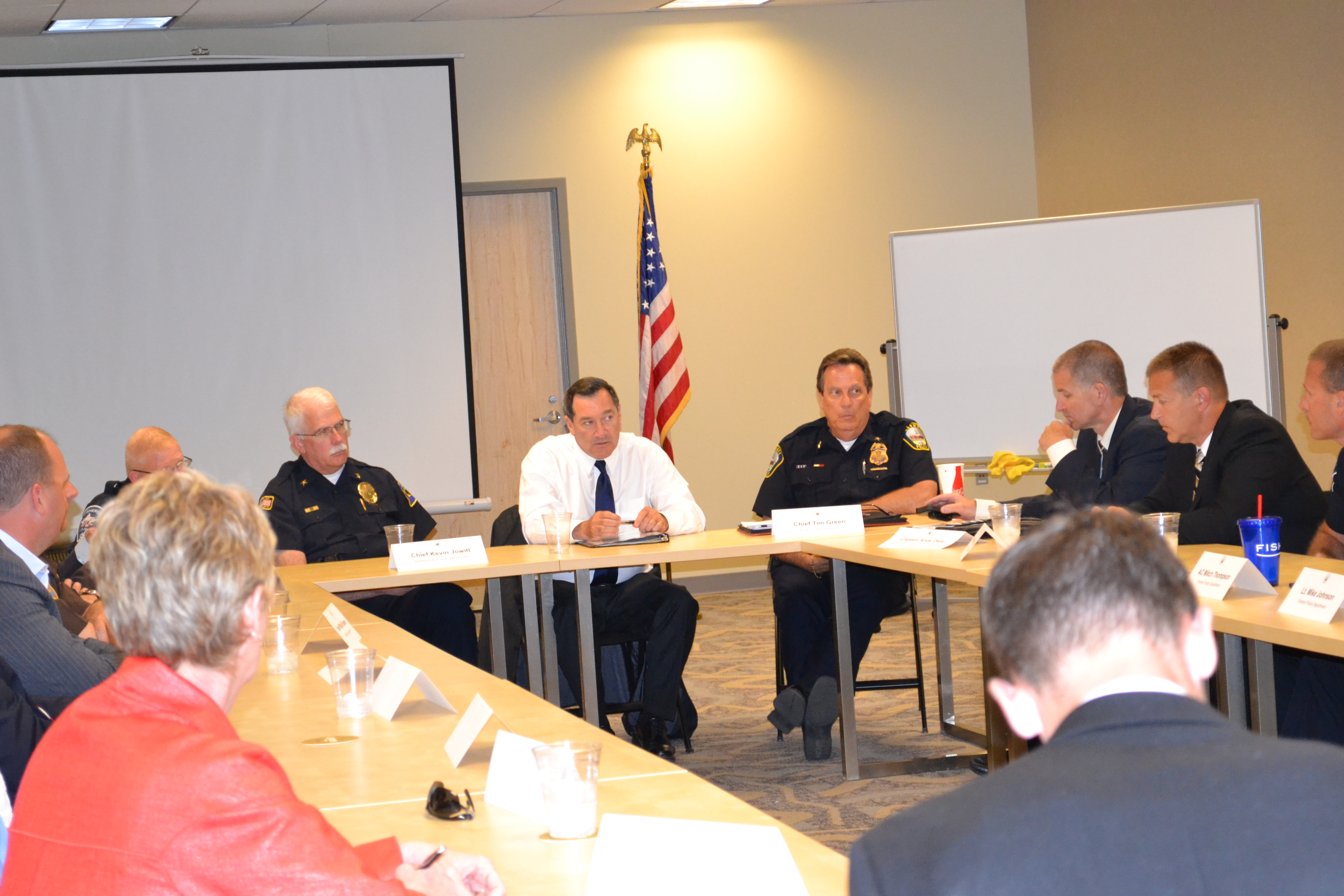 Indiana Senator Joe Donnelly held a meeting with law enforcement agencies from Hamilton and Boone Counties at Launch Fishers May 27 to discuss drug problems in the counties. (Photo by Ann Craig-Cinnamon)