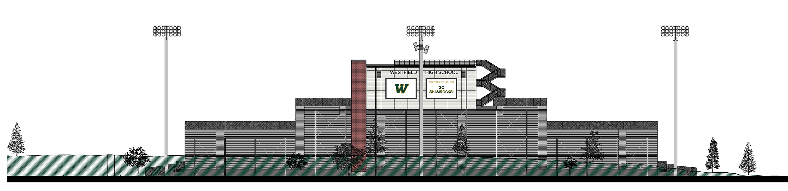 Original development plans have six foot fencing and columns around the entire stadium along with other landscaping but city ordinances may require a brick wall to hide bleacher seats from U.S. 31. (Submitted rendering)