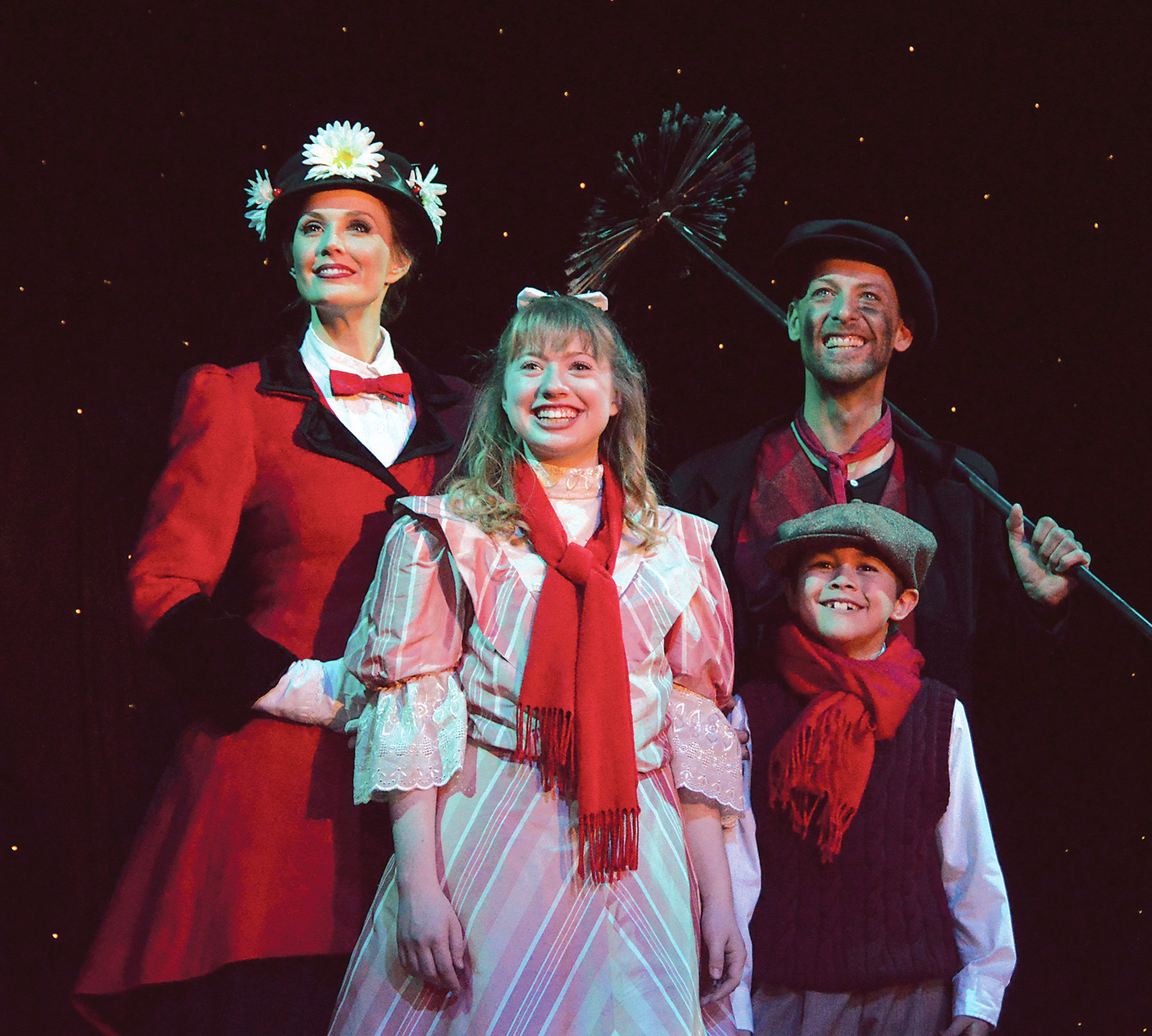 From left: Mary Poppins (Cara Statham Serber) and Bert (Buddy Reeder) show Jane (Kennedy Martin) and Michael (Logan Sejas) a new perspective in Beef & Boards Dinner Theatre’s current production of Mary Poppins.