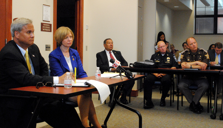 From left: State Sen. Jim Merritt, U.S. Rep. Susan Brooks (R-Ind.), Noblesville Mayor John Ditslear, Fishers Police Chief George Kehl and Hamilton County Sheriff Mark Bowen discuss the county’s heroin issue at Noblesville’s City Hall. (Staff photo)