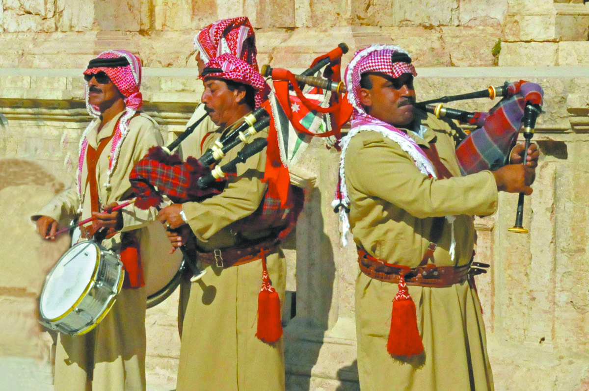 Jordanian bagpipers at Jerash’s Southern Theater (Photo by Don Knebel)