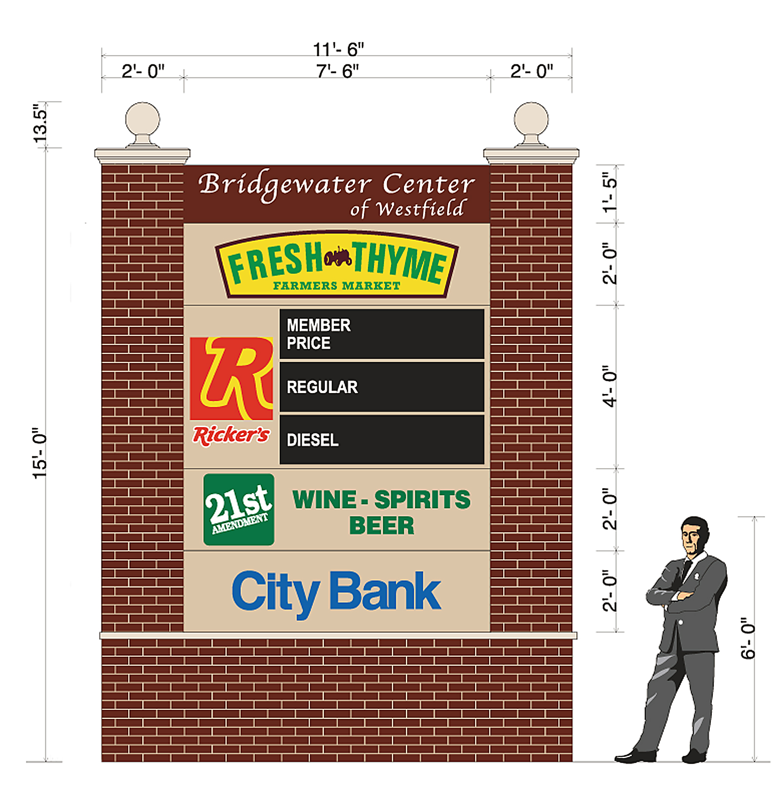 The proposed 15-foot monument sign will replace individual ground signs for the four tenants of Bridgewater Center. (Submitted rendering)