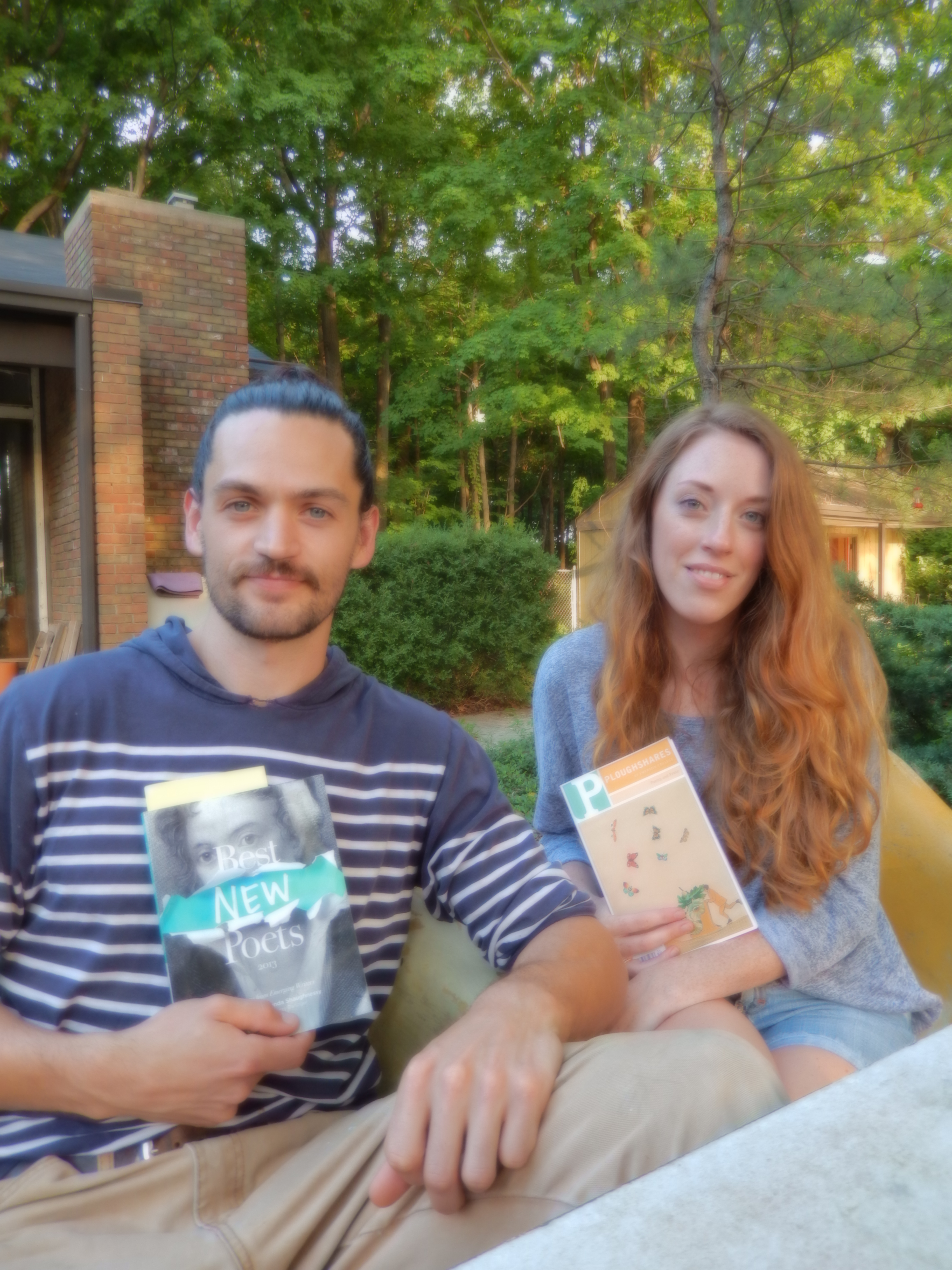 Max Somers holds a copy of Best New Poets 2013, while Sara Gelston is holding Ploughshares His poem, “The Narrative Poem,” is in Best New Poets. Sara’s poem, “Alternate Ending,” appears in Ploughshares.