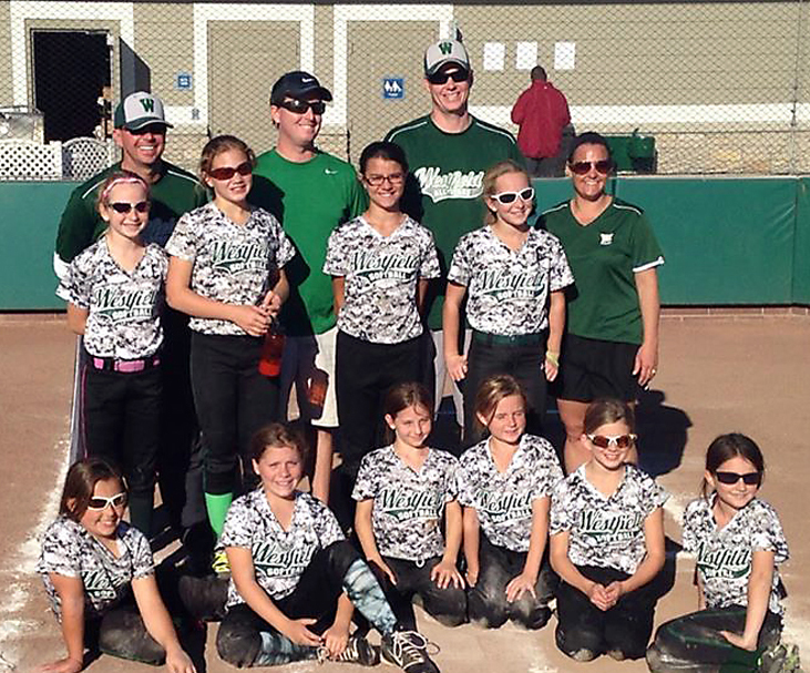 From left, front row: Zoe Klink, Zoey Watson, Maggie Roh, Emmrey Collinsworth, Emily Gentry and Audrey Kainrath; middle row: Isabelle Klink, Avery Parker, Katelin Dollens and Natalie Deck; and back row: Coaches Scott Gentry, Matt Deck, Blake Collinsworth and Amy Klink. Not pictured is Alyssa Crockett. (Photo submitted by Matthew Deck)
