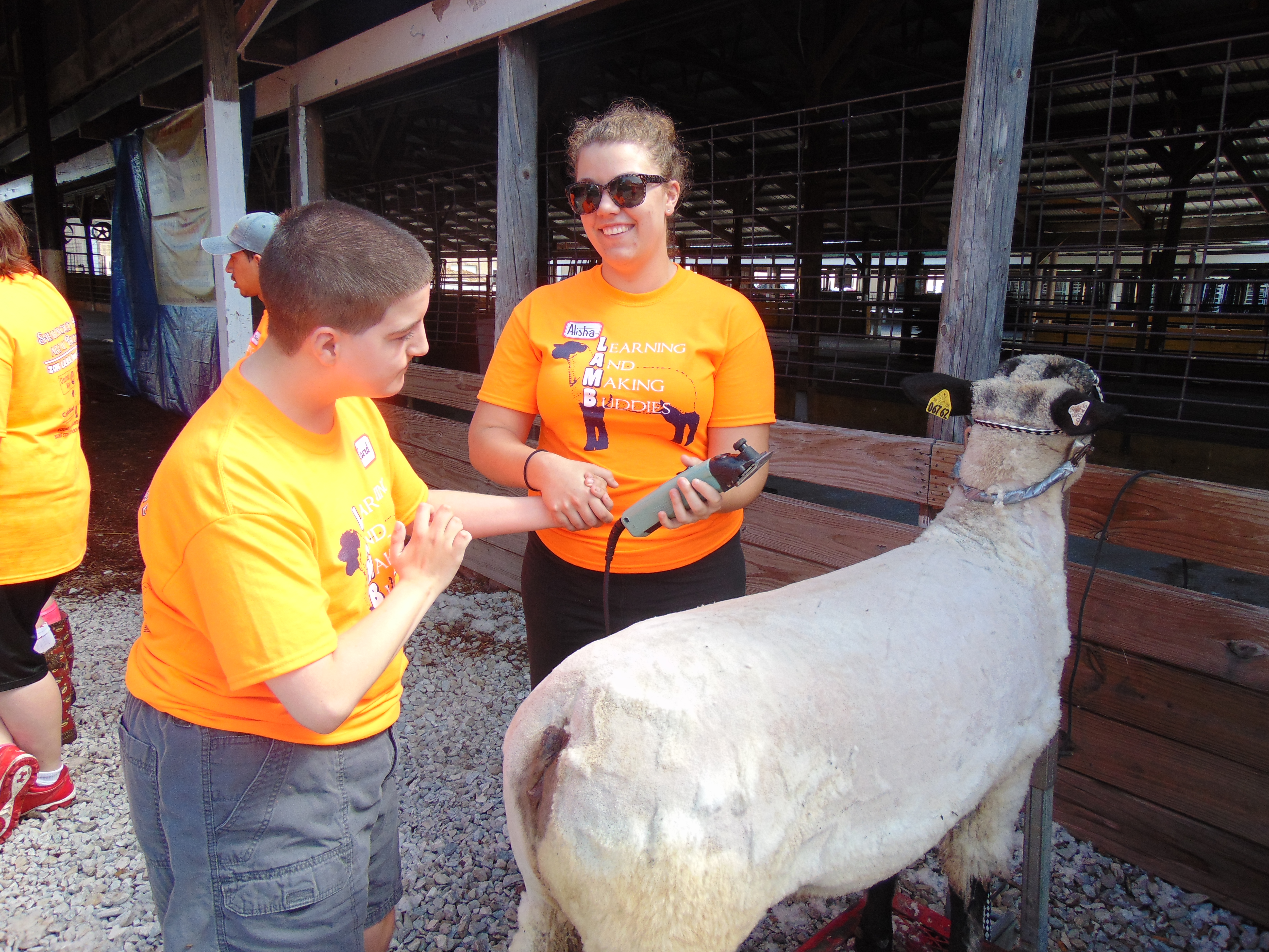 Alisha Boyland, right, a member of the Learning and Making Buddies project, shows Jared Leonard how to shear a sheep. The LAMB project received a $1,000 grant from Youth as Resources to implement a program for Boone County life skills students. The students were paired with Boone County 4-H Lamb Project members to gain experience on what it is like to wash, shear and show sheep. (Submitted photo)