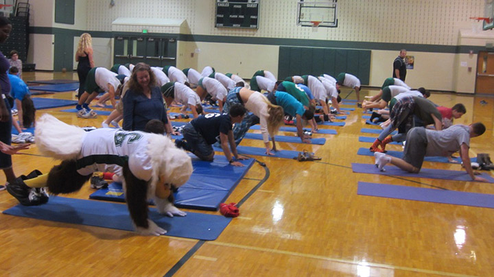 ZCHS Lifeskill students celebrated along with the football team and the eagle mascot during spirit week last week.  The Lifeskill students  were presented  past football jerseys with their names imprinted on them.  Included was a session of Yoga from a guest yoga instructor during Advanced Physical Conditioning class.