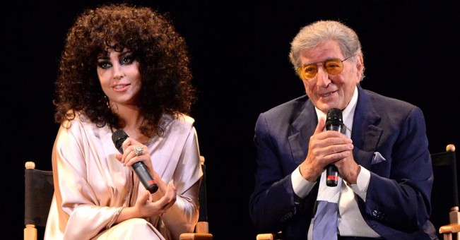 Lady Gaga, left, and legendary singer Tony Bennett make a surprise appearance at Frank Sinatra School of the Arts earlier this summer. The two released their “Cheek to Cheek” album in September. (Submitted photo)