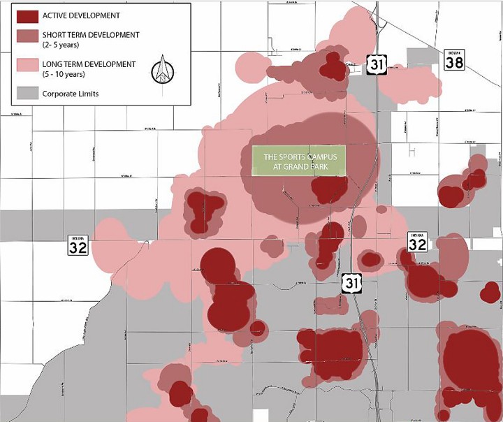 This map shows development taking place in Westfield in various stages – active development with dirt turning or about to begin, short-term development with active filings and long-term development with businesses “kicking the tires.” (Submitted map)
