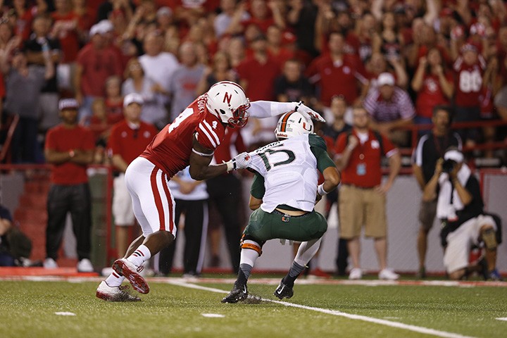 Nebraska’s Randy Gregory makes tackle against Miami. (Submitted photo)