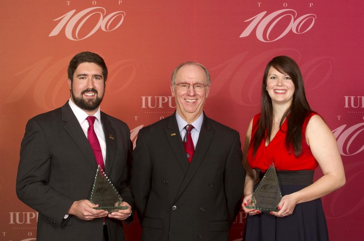From left: Westfield’s Joseph Spaulding, IUPUI Chancellor Charles Bantz, and Corinne Blackburn of Hobart. Spaulding and Blackburn were named the most outstanding male and female students at Indiana University-Purdue University Indianapolis for 2015. (Submitted photo) 