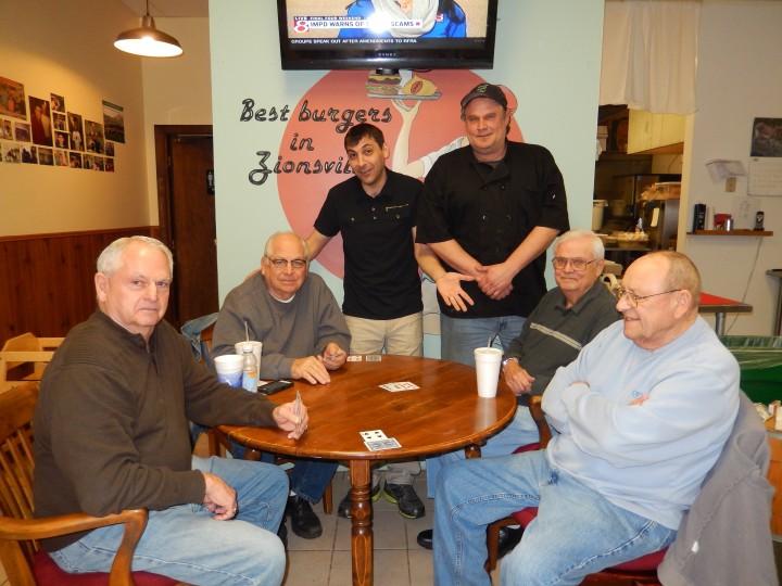 Big Dave’s Deli new owner Martin Klekovski and chef Mike Weber join the Friday euchre players, Sam and Dan Fix, Gene Reynolds and Lowell Lemon. (Submitted photo)