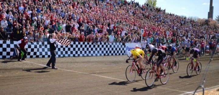Nick Torrance crosses the finish line just ahead of the second place team to win the Little 500. (Submitted photo)