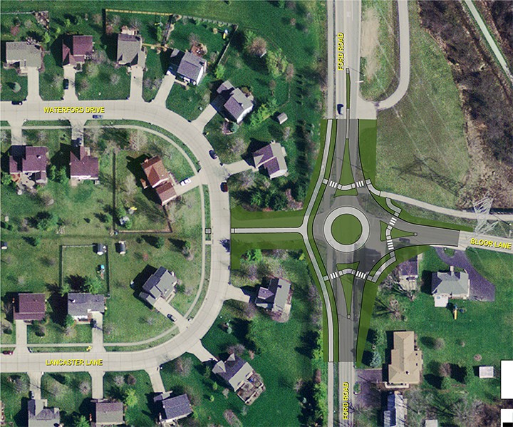 Zionsville will soon begin construction on its first roundabout, which will be at Ford and Bloor roads. (submitted image)