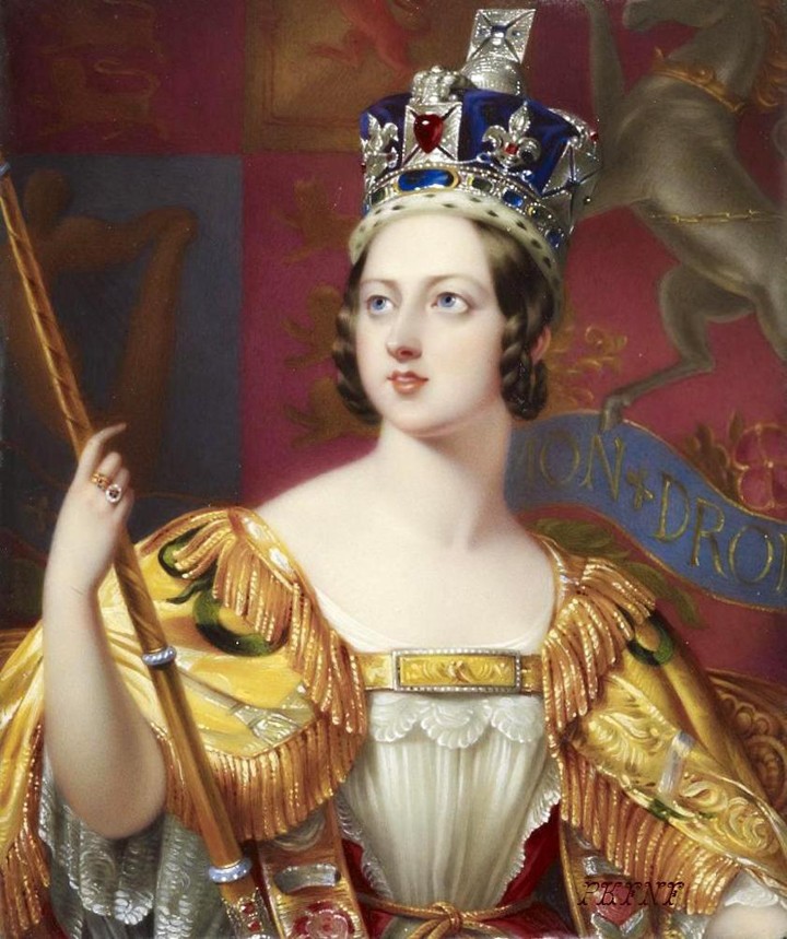 Portrait for the Coronation of Queen Victoria by George Hayter (detail), wearing the new Imperial State Crown made for her by the Crown Jewellers Rundell and Bridge, with 3093 gems, with the Black Prince’s Ruby at the front. (Public Domain photo)