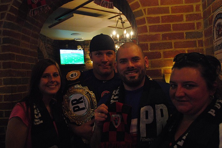 From left: Rebecca Johnson, Andy Baumgartner, Chris Ball and Laura Pendergrass talk about their love of soccer. Indy Eleven soccer players are known to visit Chatham Tap from time to time. (Submitted photo)