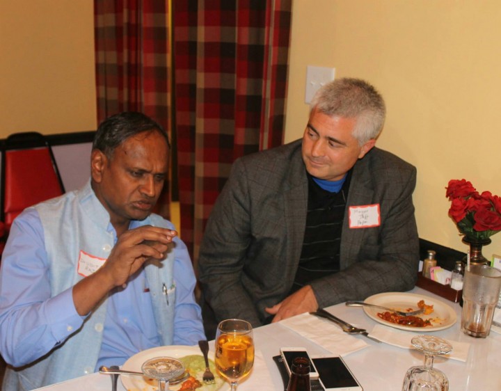 Zionsville Mayor Jeff Papa visits with Dr. Udit Raj, a member of parliament in India, at a dinner reception held Aug. 23 in Carmel. 
